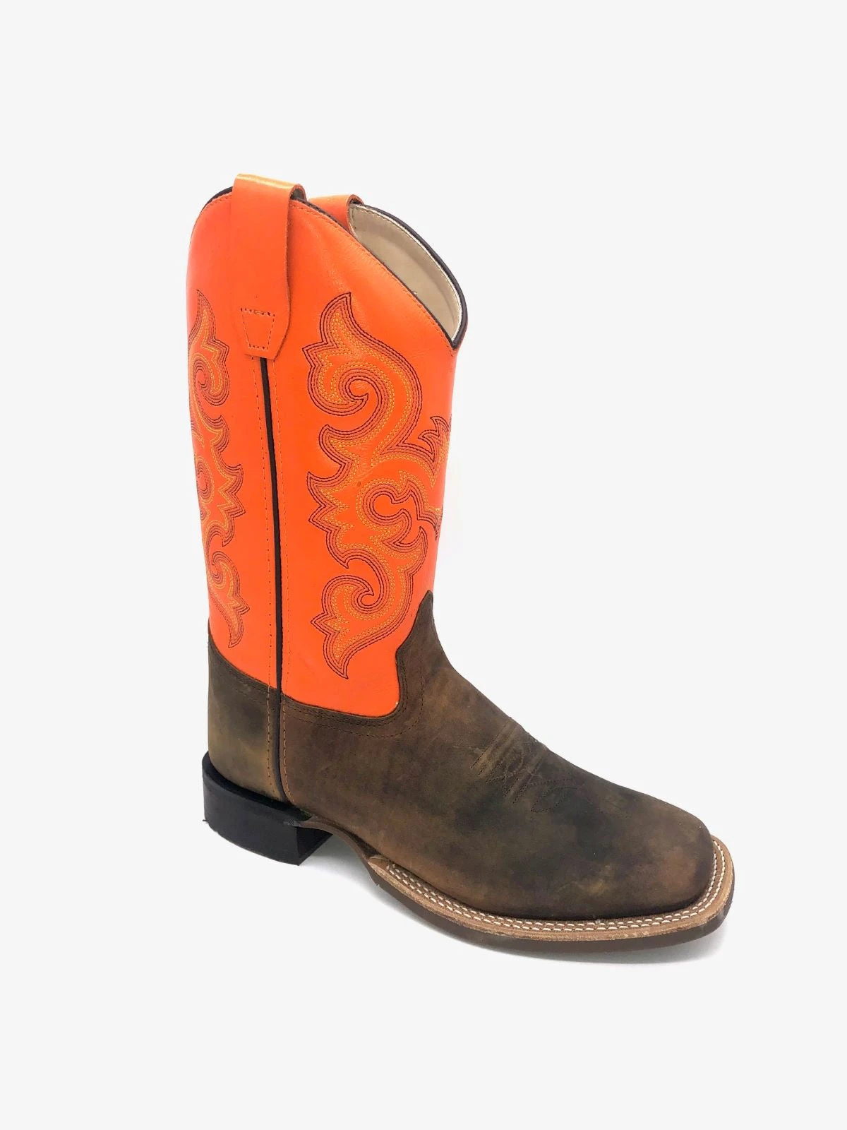 'Old West' Youth Western Broad Square Toe - Brown / Orange 3 'Old West' Youth Western Broad Square Toe - Brown / Orange