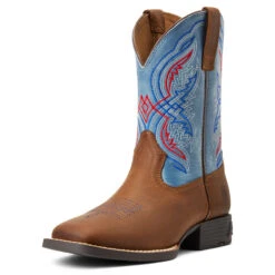 'Ariat' Youth Double Kicker Square Toe - Distressed Brown / Stone Blue -Fashion Boots Store S22 YTH WEST 10040247 3 4 front 1024x1024@2x