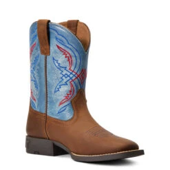'Ariat' Youth Double Kicker Square Toe - Distressed Brown / Stone Blue -Fashion Boots Store S22 YTH WEST 10040247 medial 1024x1024@2x